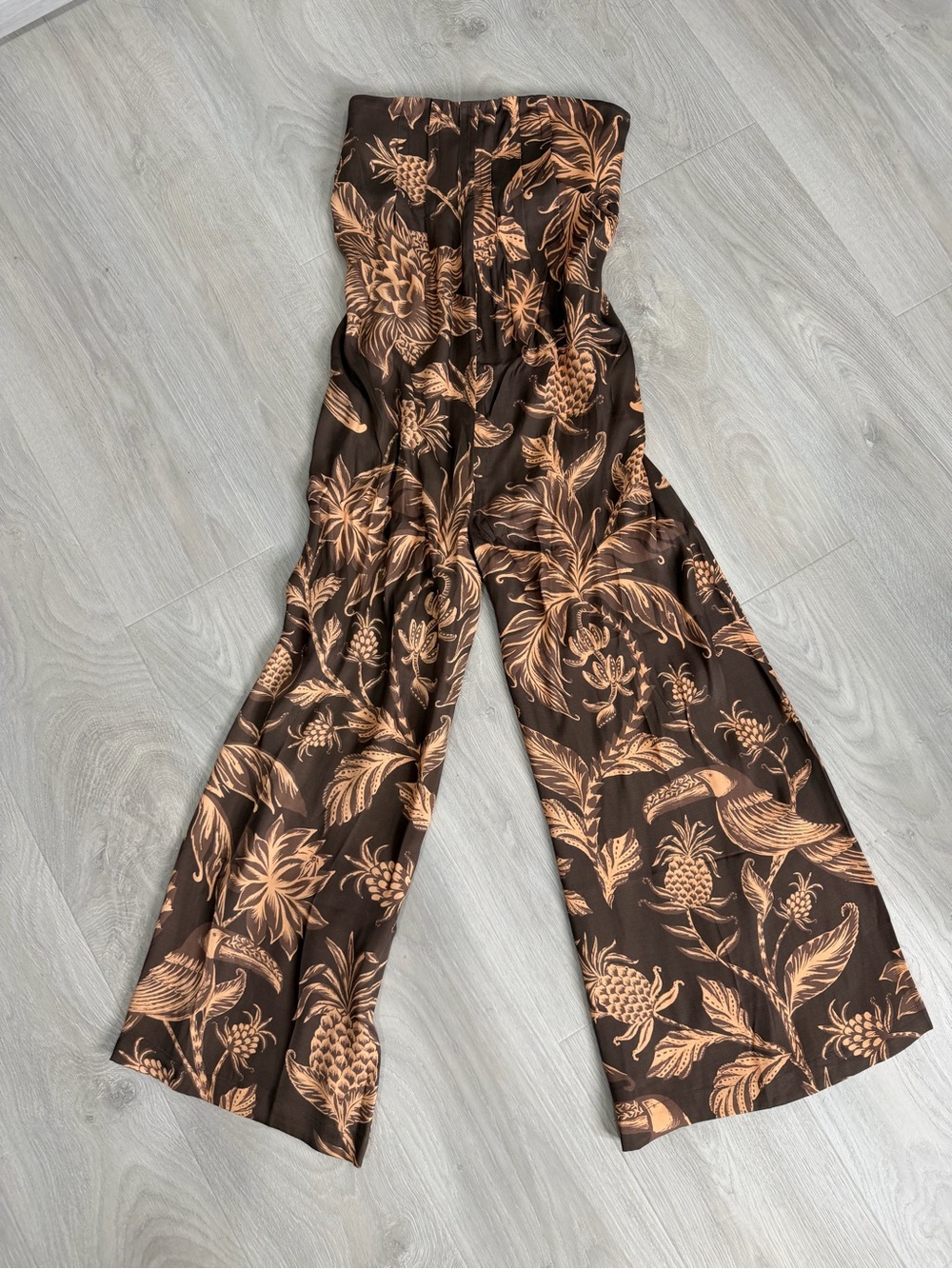 FARM Rio Brown Strapless Wide-Leg Jumpsuit with Tan Tropical Print